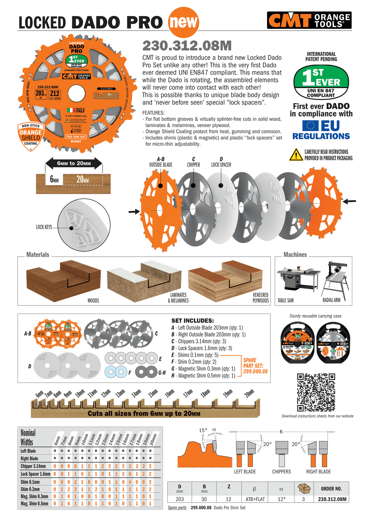 CMT Dado Pro Stacked Dado Set with Lock Spacers - 203mm (8") Diameter - 30mm Bore - 230-312-08M