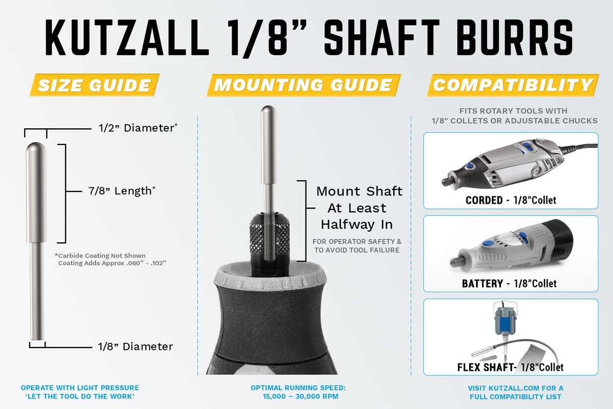 Kutzall 1/8" x 7/8" Ball Nose Burr - 1/8" Shank