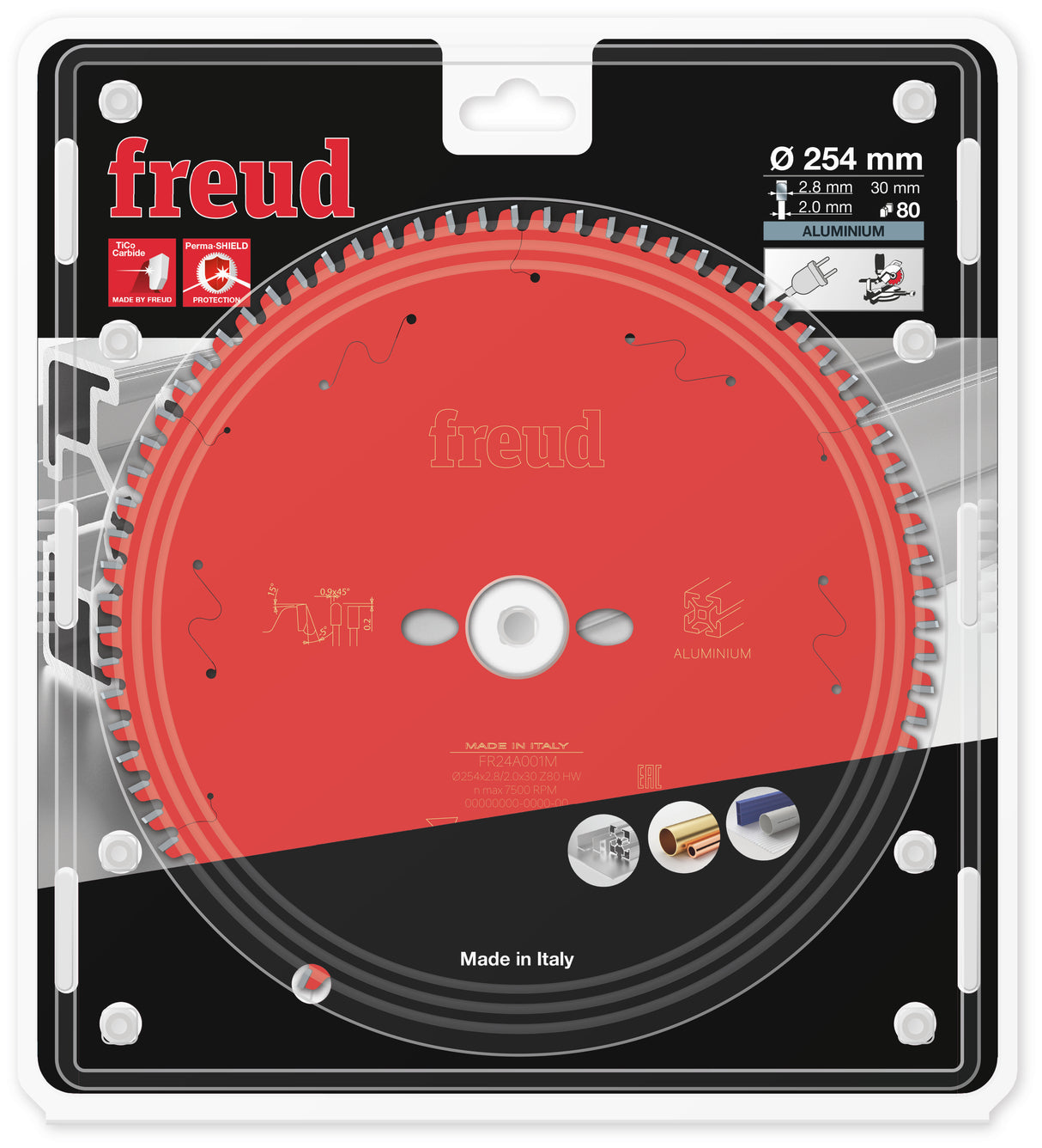 Freud Aluminium/Non-Ferrous Metal Cut Off Mitre Saw Blade - 254mm Diameter - 80 Tooth - 30mm Bore - FR24-A001M