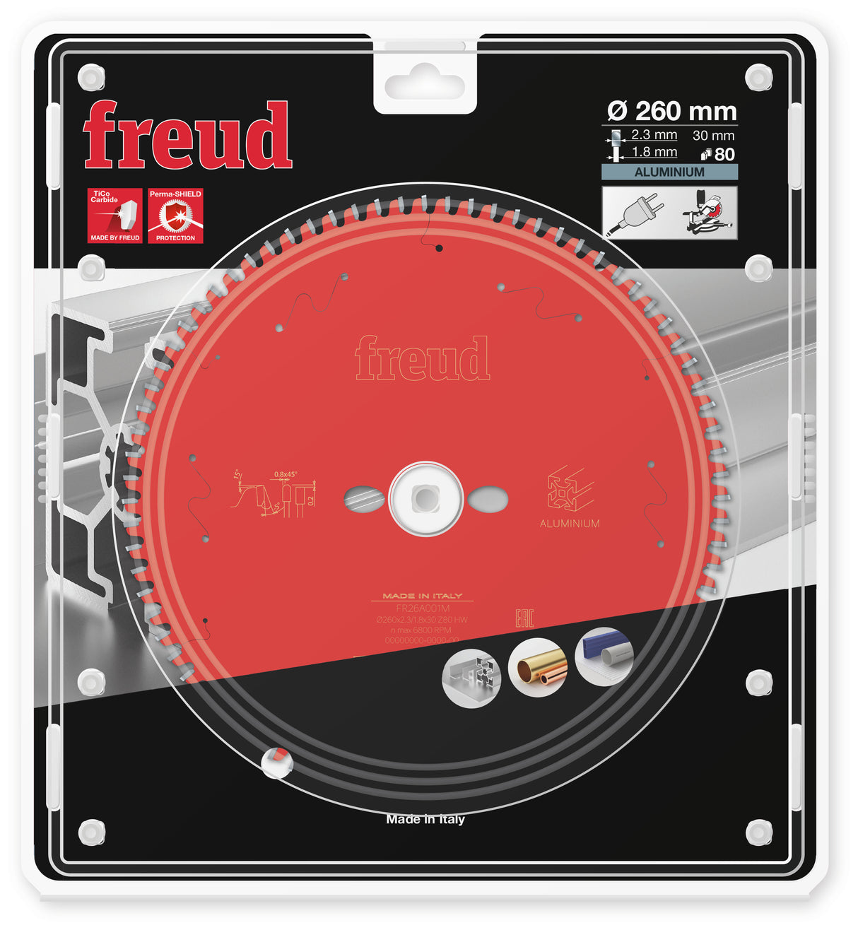 Freud Aluminium/Non-Ferrous Metal Cut Off Mitre Saw Blade - 260mm Diameter - 80 Tooth - 30mm Bore - FR26-A001M