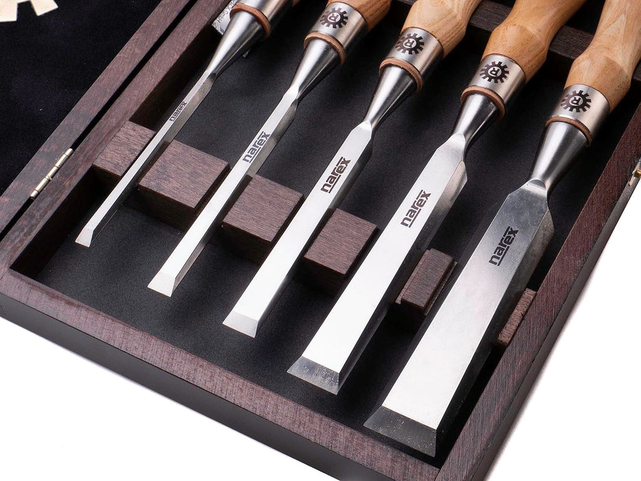Narex Set of 5 Richter Cryogenic Bevel Edge Cabinet Chisels In Wooden Case