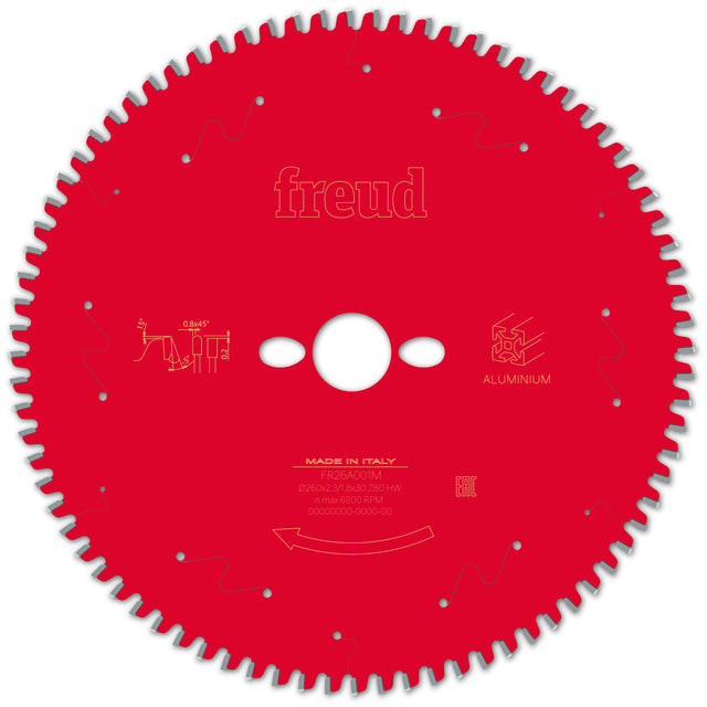 Freud Aluminium/Non-Ferrous Metal Cut Off Mitre Saw Blade - 260mm Diameter - 80 Tooth - 30mm Bore - FR26-A001M