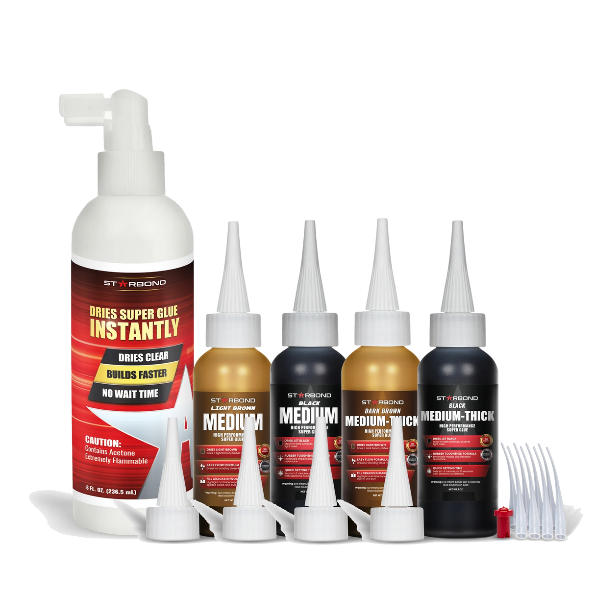 Starbond CA Super Glue Coloured Bundle - 59ml/2oz Black Medium, Black Medium-Thick, "Dark" Brown Medium Thick, Brown Medium, 236ml/8oz Pump Accelerator